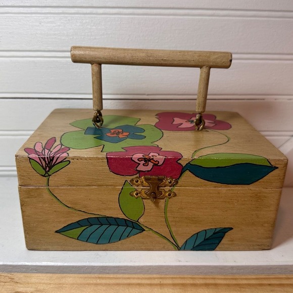 Handbags - Vintage Floral Box purse with Handle Hand-painted Handbag Retro 70s